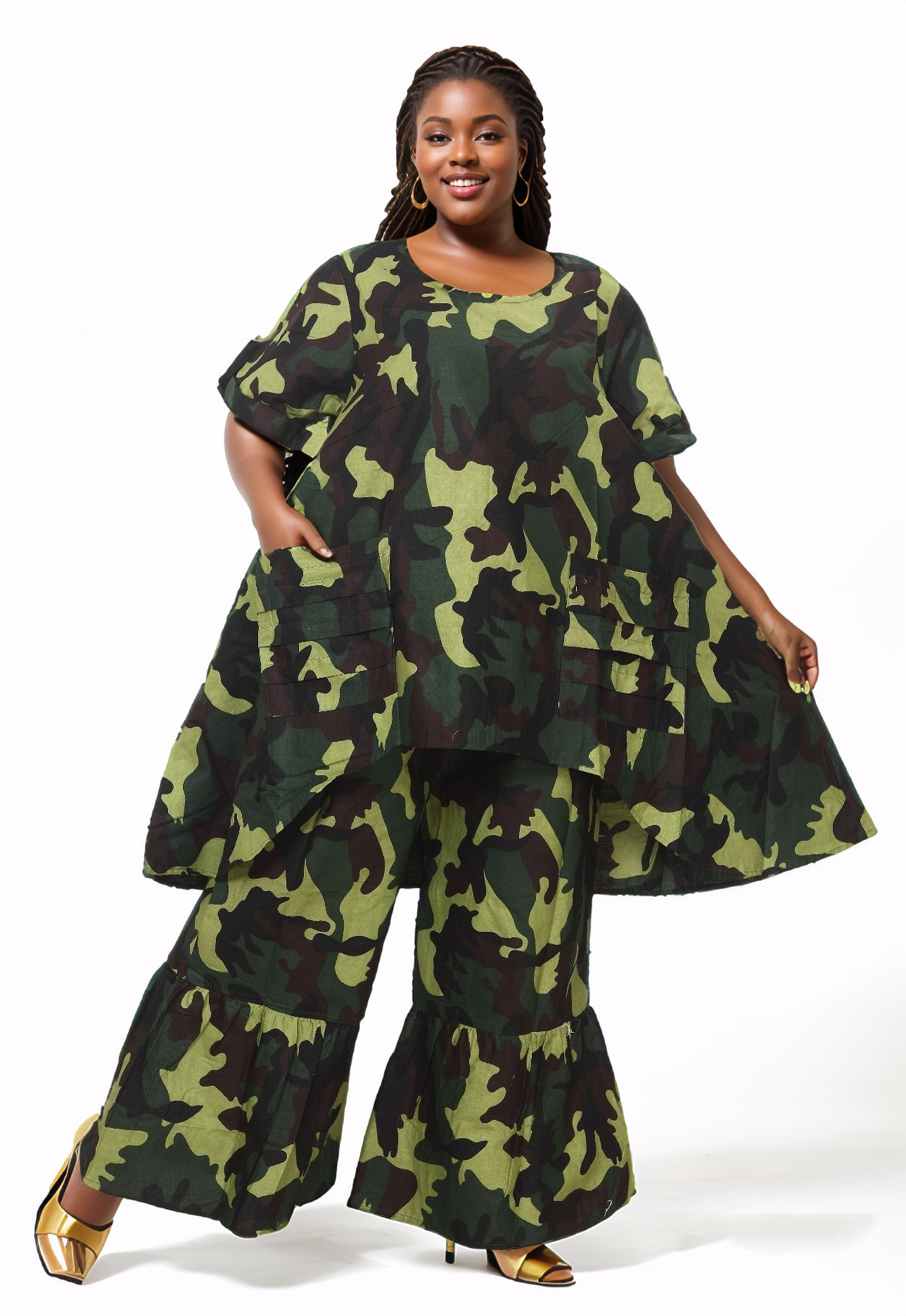 Camouflage Print Two-Piece Set - Oversized Top & Ruffle Palazzo Pants