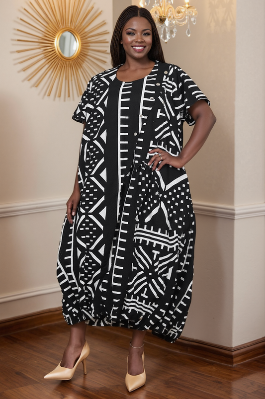 Black and White African Print Maxi Dress with Pockets