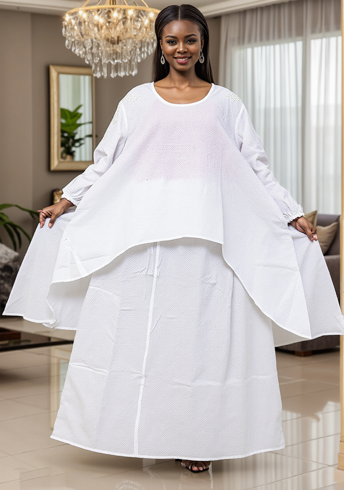 White Textured Two-Piece Set - Oversized Flowing Top with A-Line Maxi Skirt