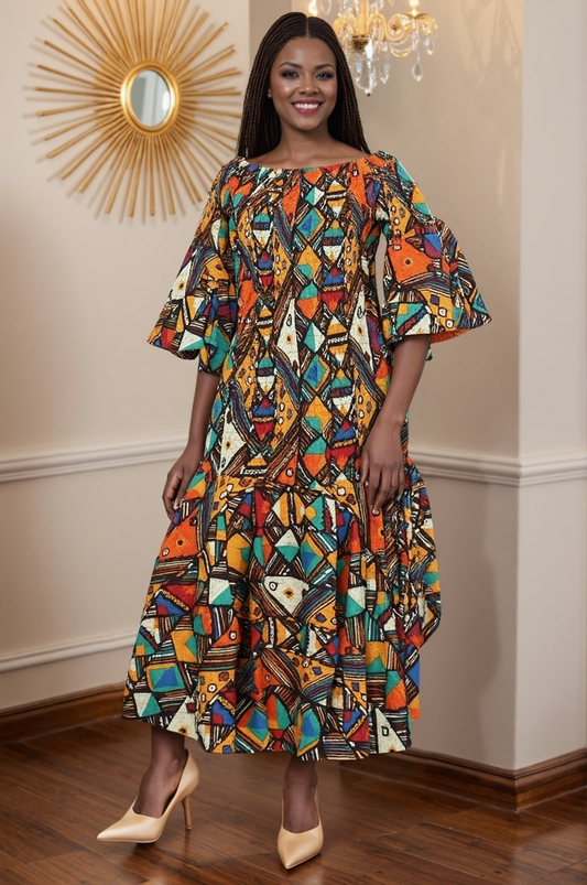 African Print Off-Shoulder Midi Dress with Bell Sleeves