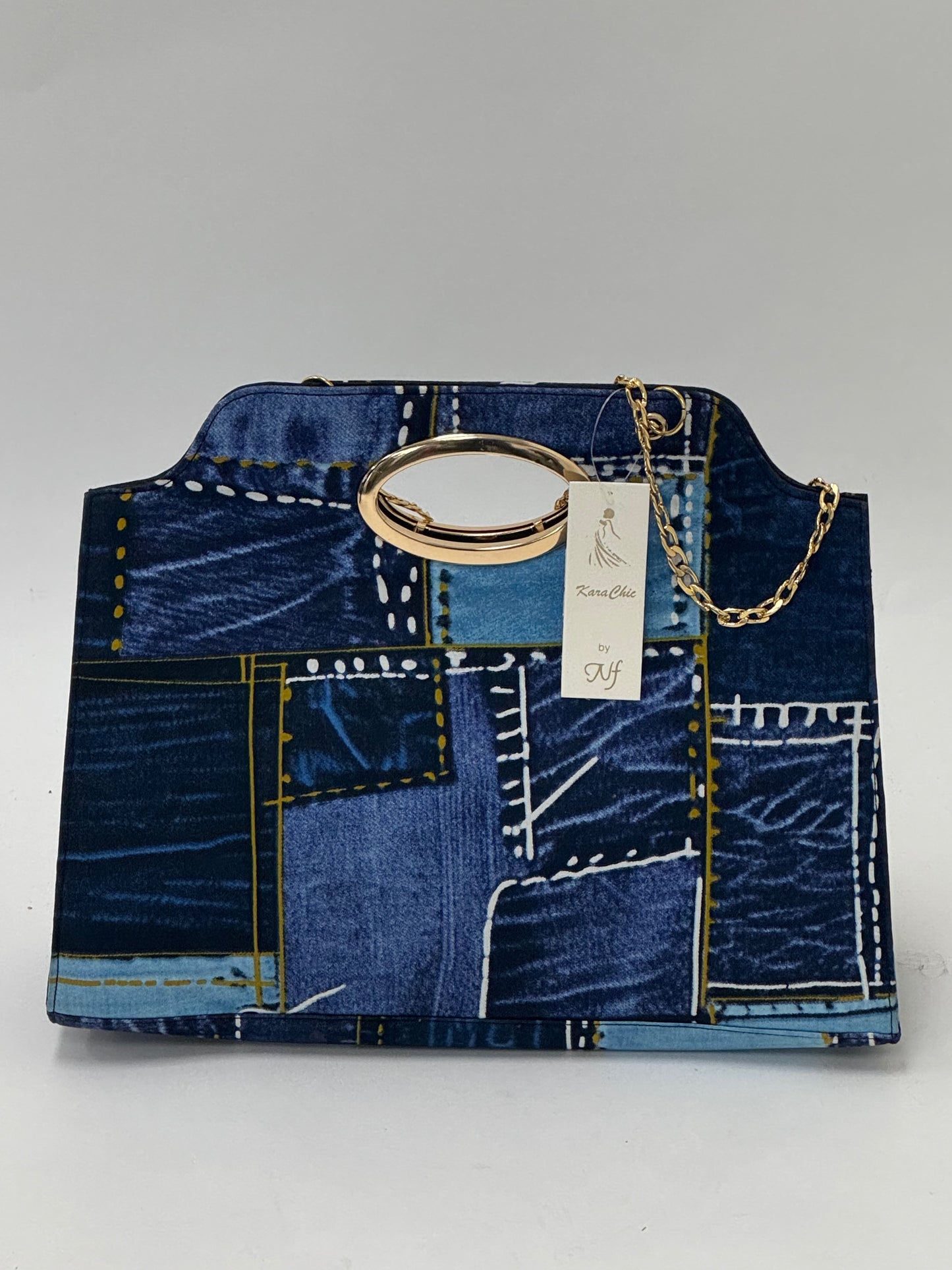 African Print Handbag with Gold Ring Handle - Denim Print Clutch with Chain Strap