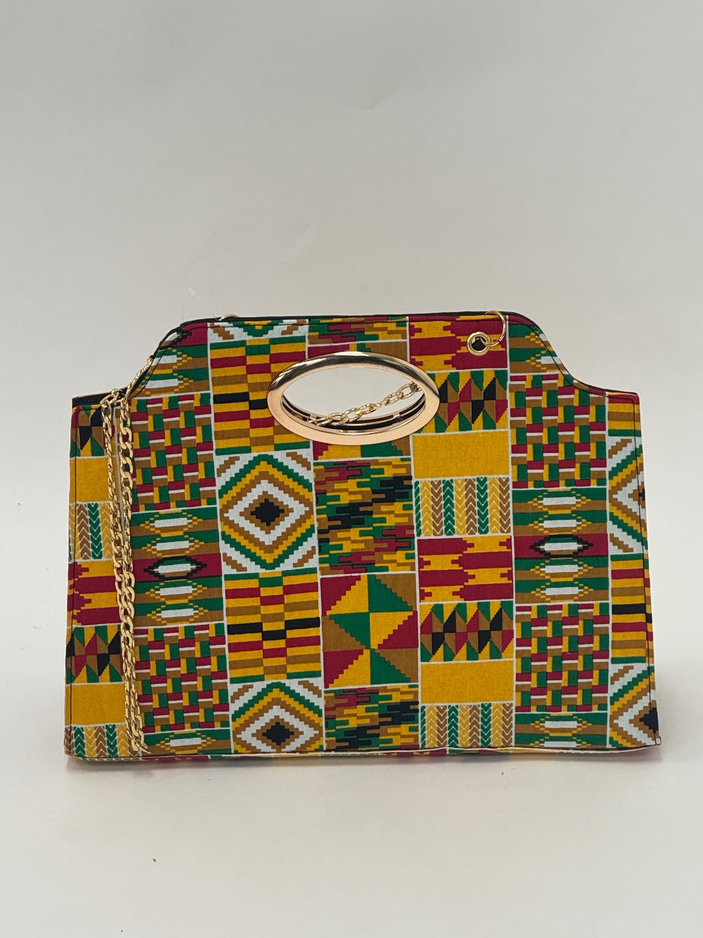 Kente Print Handbag with Gold Ring Handle - African Print Clutch with Chain Strap