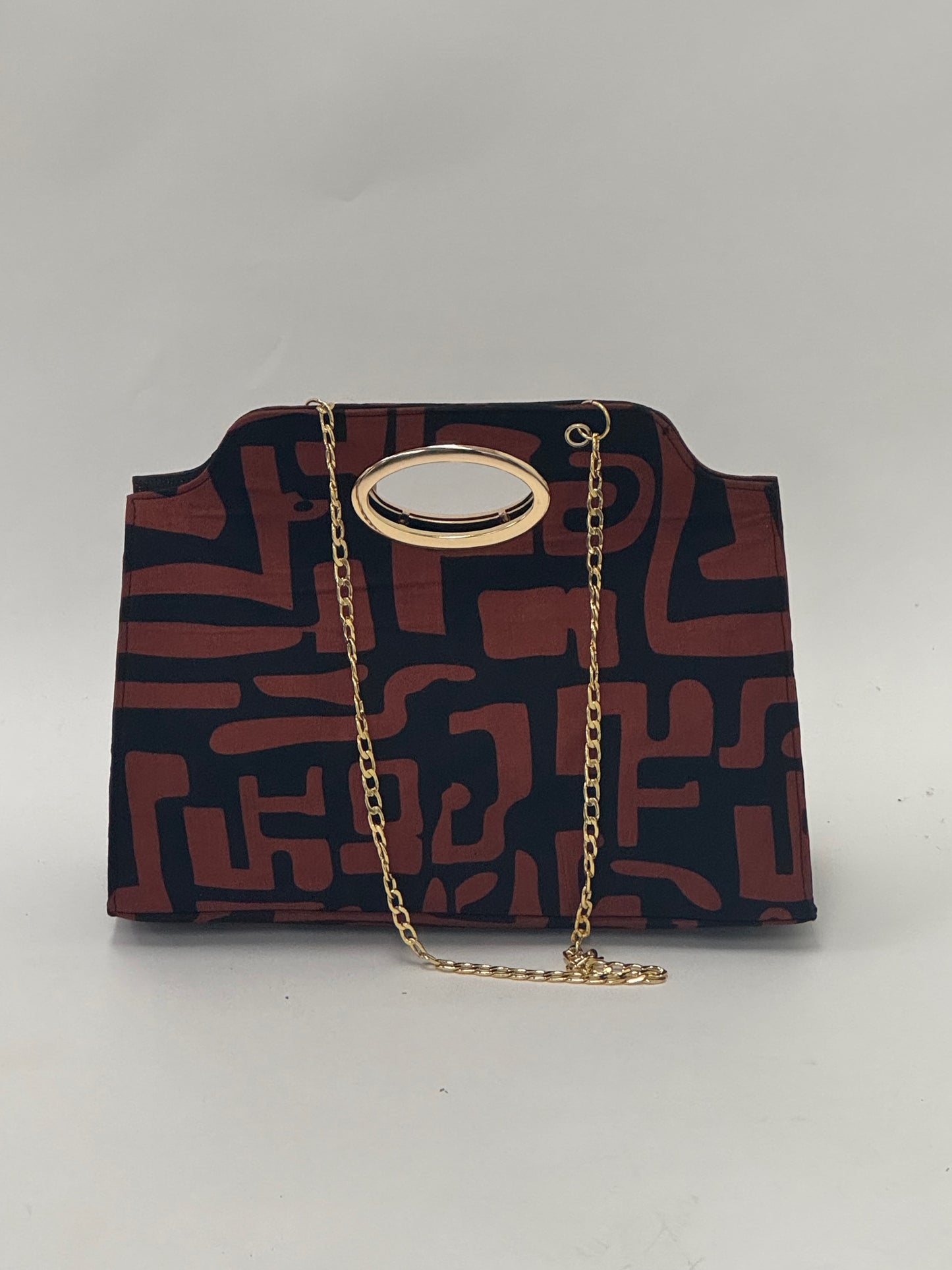 African Mudcloth Print Handbag with Gold Ring Handle - Black and Brown Clutch with Chain