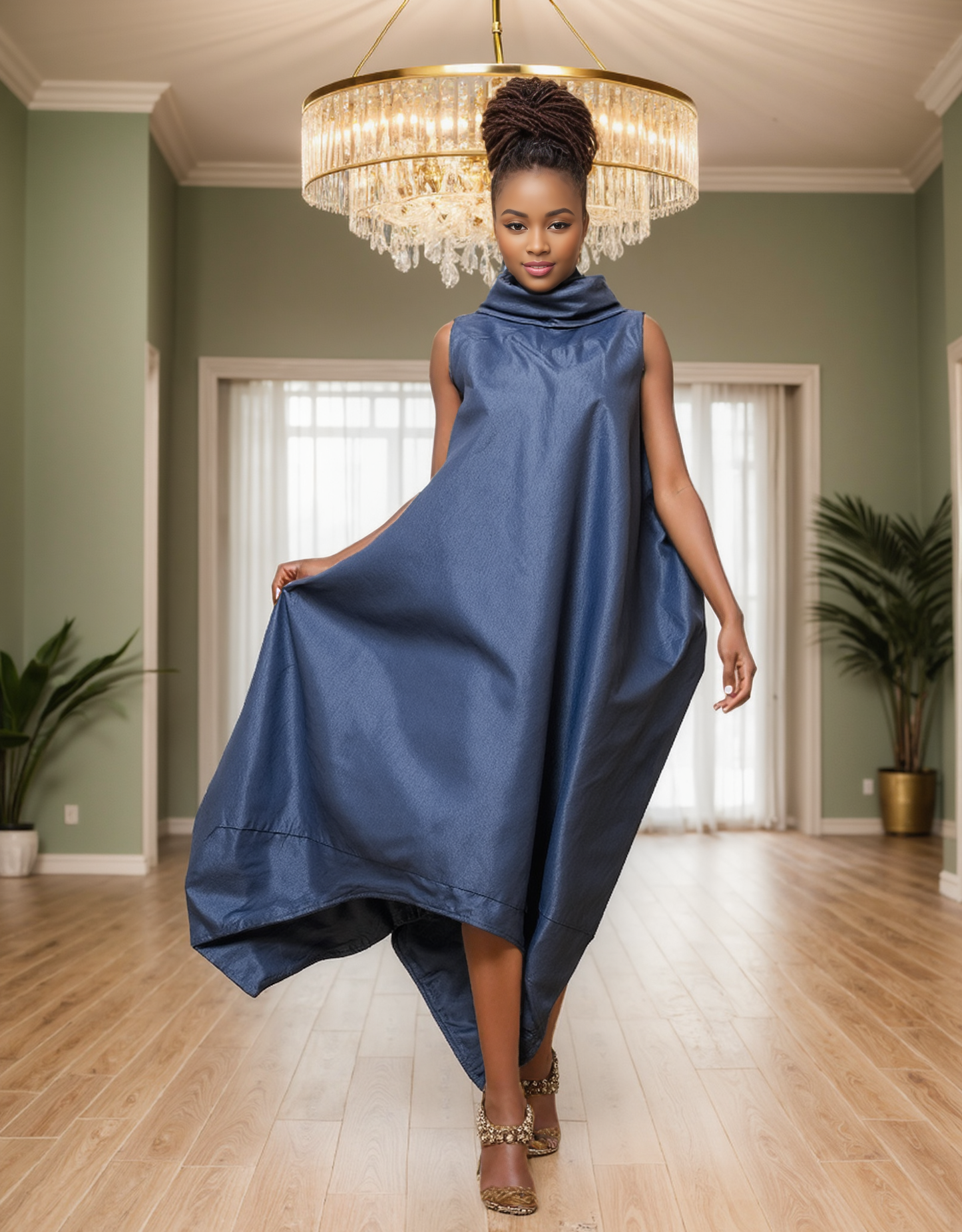 Navy Blue Linen Jumpsuit - Oversized Sleeveless Harem Romper with Turtle Neck