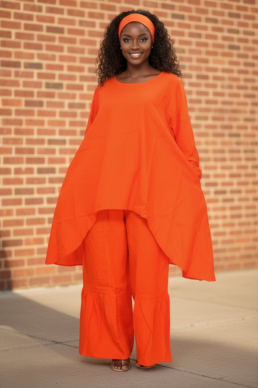 Orange Linen Two-Piece Set - Oversized Tunic Top with Wide Leg Palazzo Pants