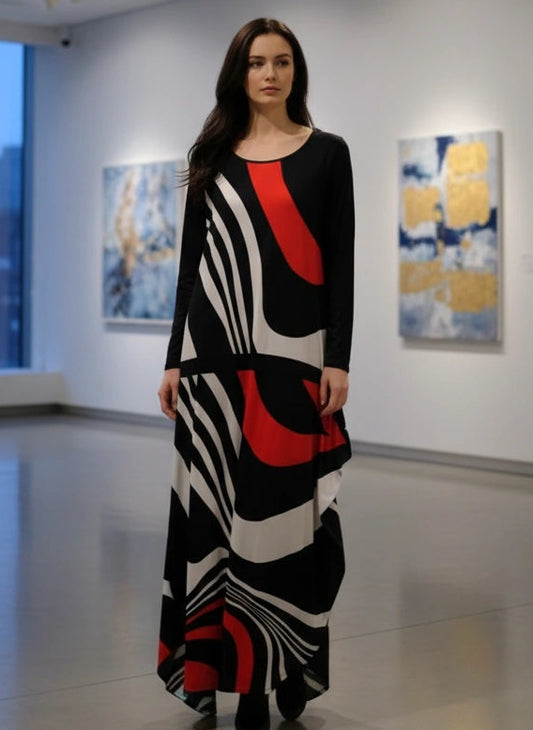 Abstract Geometric Maxi Dress - Black, White & Red Color Block