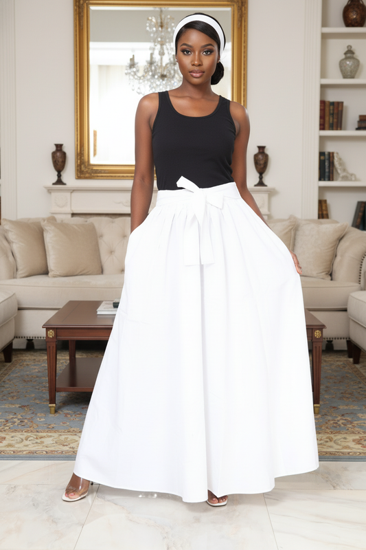White Maxi Skirt with Bow Belt - High Waist Full Circle A-Line Formal Skirt