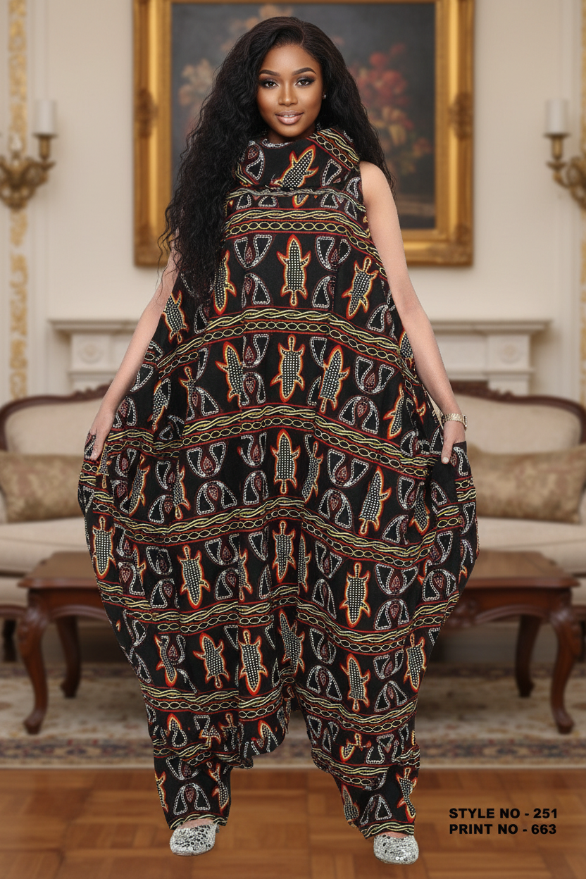 African Print Jumpsuit - Sleeveless Wide Leg Romper with Turtle Neck and Pockets