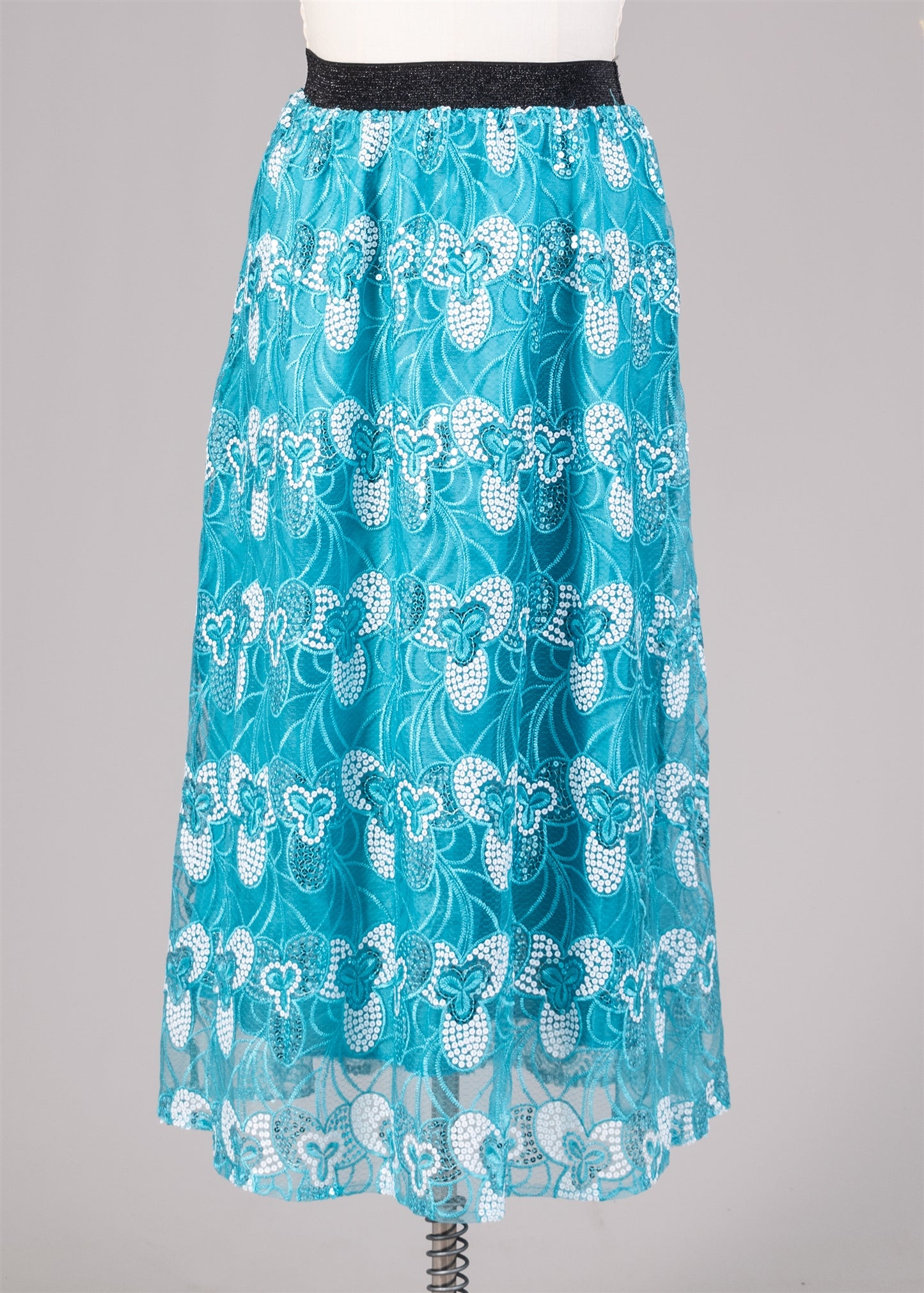 Aqua Blue Floral Print Sequin Skirt - Plus Size Available
